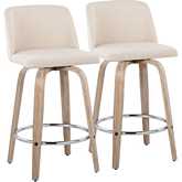 Toriano 26" Swivel Counter Stool in White Washed Wood & Cream Noise Fabric & Chrome (Set of 2)